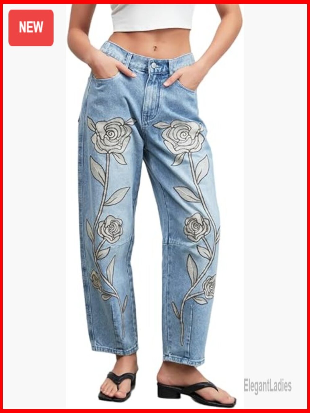 Floral Embroidered Barrel Jeans Low Rise Baggy Boyfriend Fit